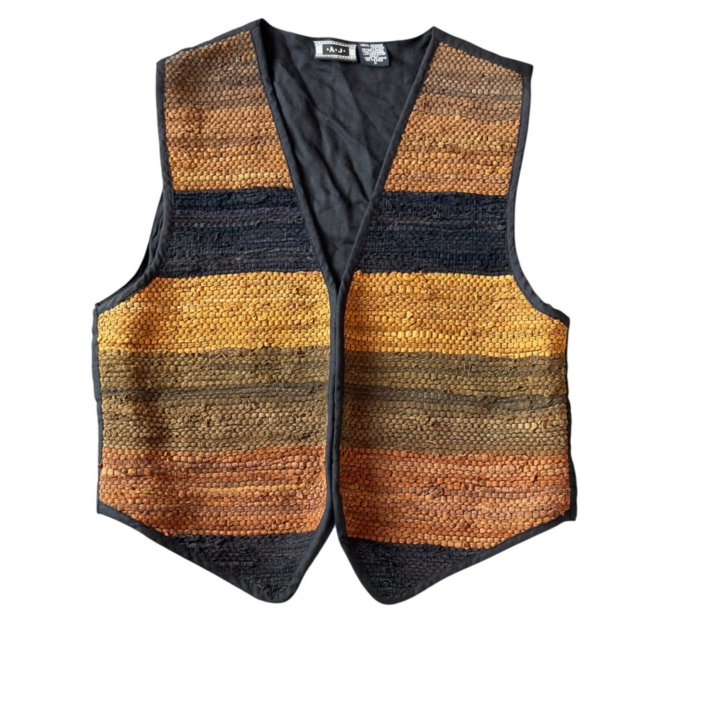Vintage AJ Woven Leather Vest Genuine Suede Striped Southwest Boho Size Small